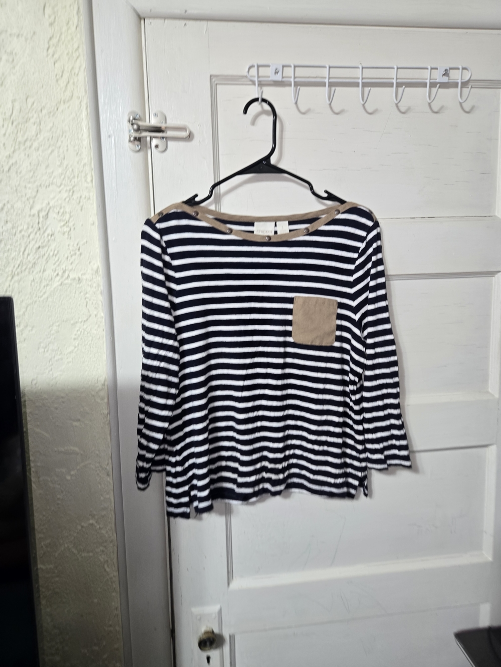 Chico's Striped Black & White Faux Suede 3/4 Sleeve Studded Neck W Suede Pocket